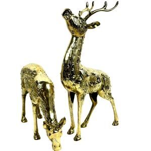 Solid Brass Pair of MCM Spotted Large Heavy 14.5" Deer Figurines-Excellent!